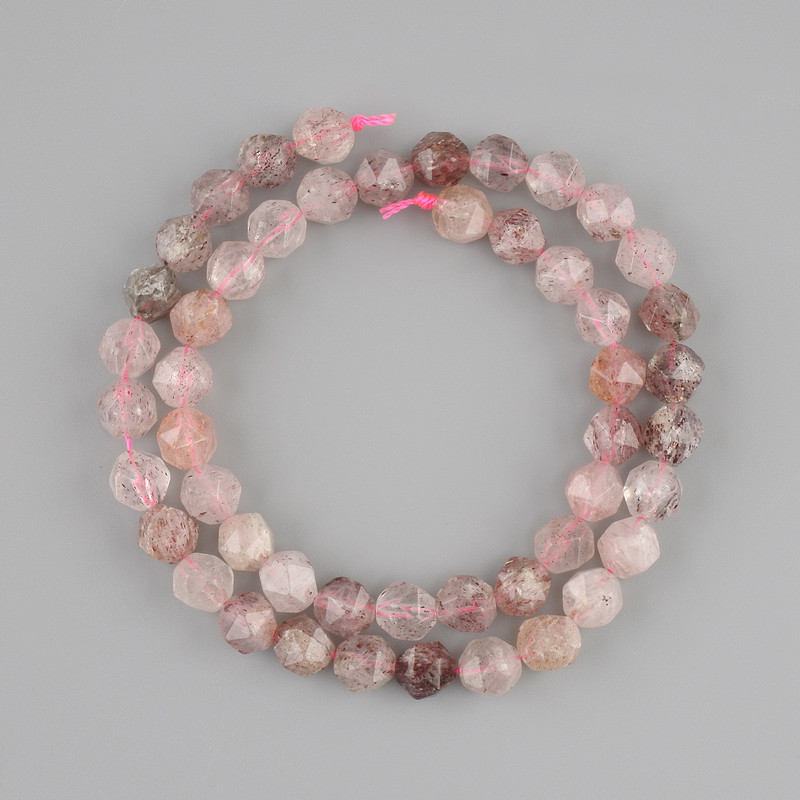 Strawberry Quartz Faceted Beads, 8x7mm, on Thread, 38cm+ length