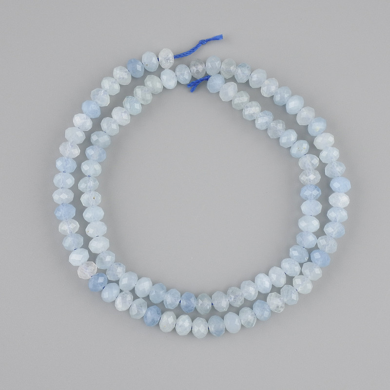 Aquamarine Beads, Faceted Rondelle, 5 mm dia x 4 mm, 39 cm length on thread