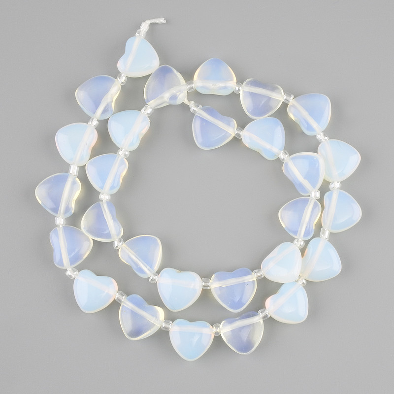 Moonstone Opalite Heart Beads, 12 mm diameter on thread, 5 mm±, 39 cm± length