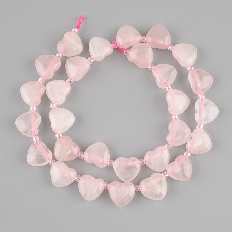 Pink Quartz Heart Beads, 12x11-11mm, 5mm+ seed beads 3mm+-, 39cm+- on a thread