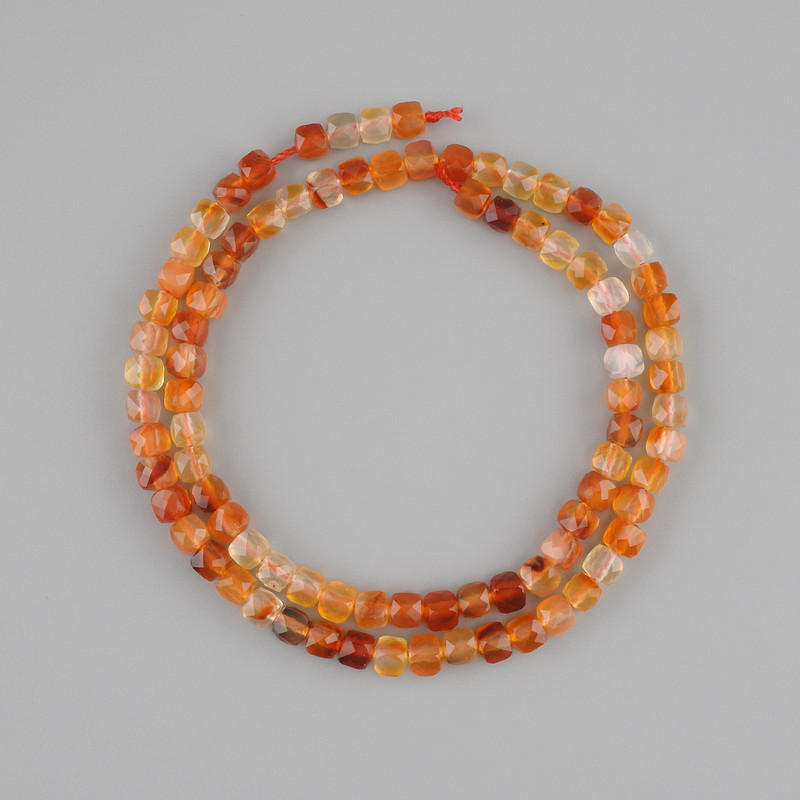 Carnelian Beads, Faceted Cube, 4–5 mm diameter, 39 cm length on a thread