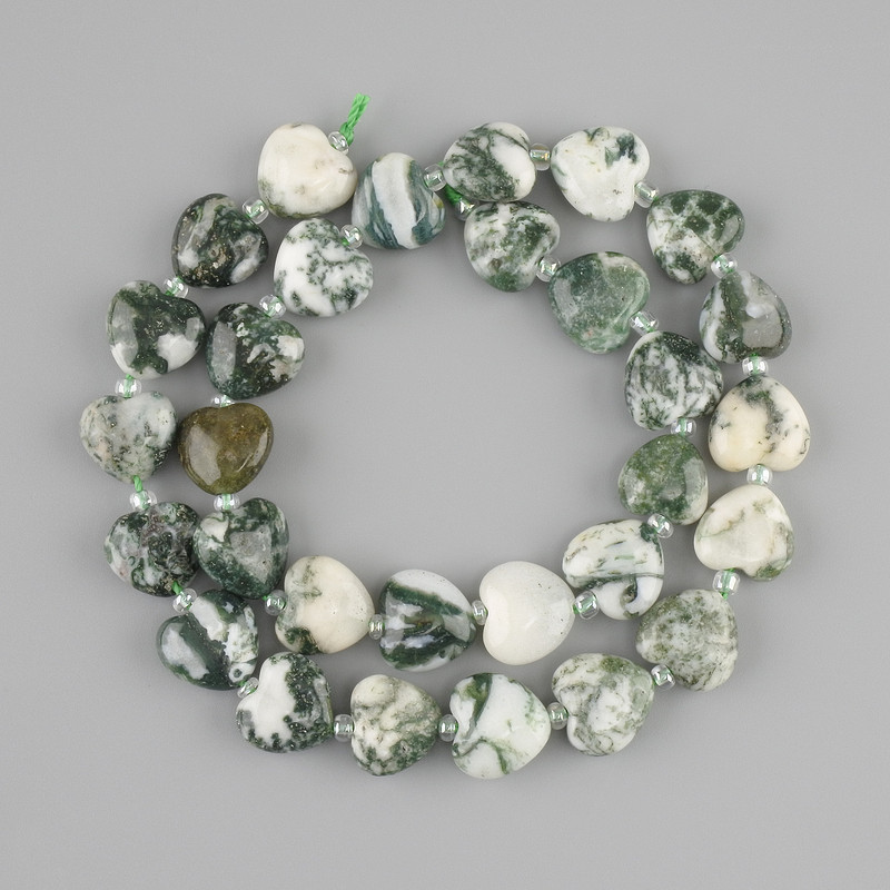 Moss Agate Beads Heart, diameter 12-12.5, 11-12mm ± beads 3mm ±, length 40cm ± on thread