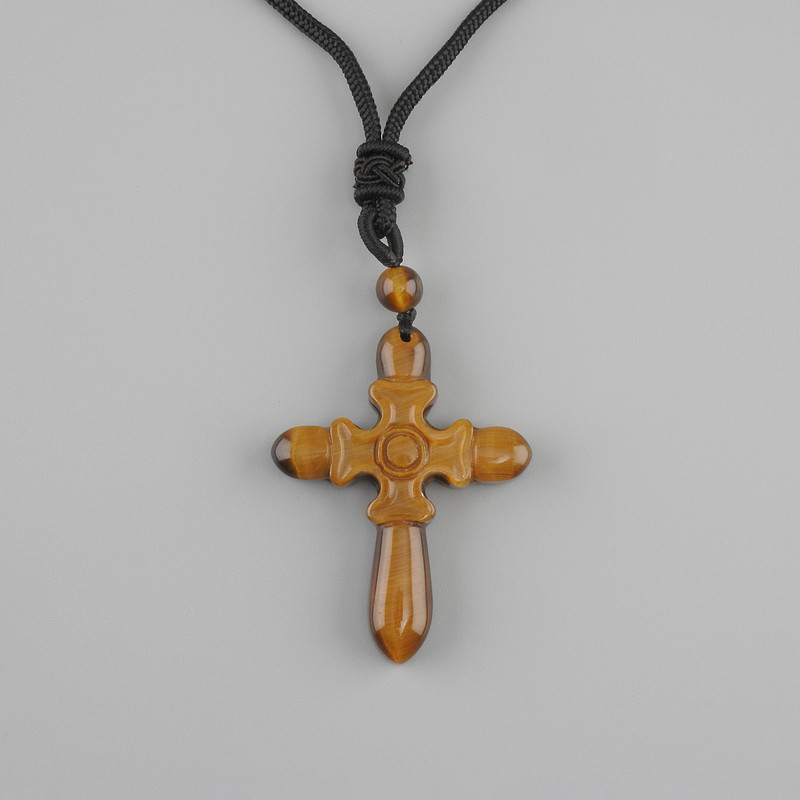 Pendant Cross Tiger's Eye, diameter 47x36mm ± on black cord with drawstring, length 78cm+