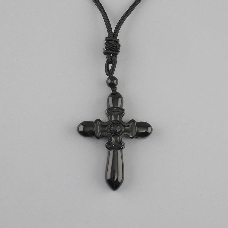 Pendant Cross Black Agate, diameter 47x36mm± on black cord with drawstring, length 78cm+
