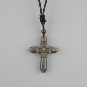 Pendant Cross Silver Obsidian, 47×36 mm±, on black cord with adjustable length, 78 cm+