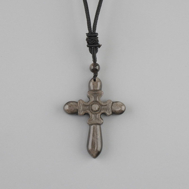 Pendant Cross Silver Obsidian, 47×36 mm±, on black cord with adjustable length, 78 cm+