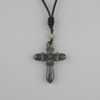 Cross Pendant with Labradorite, diameter 47×36mm ± on black cord, adjustable length 78cm+