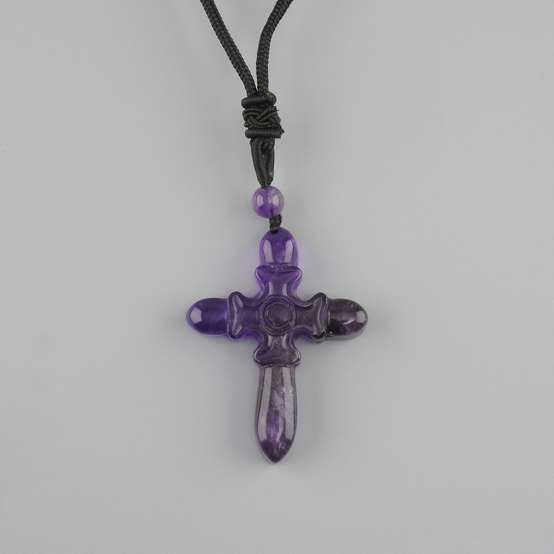 Pendant Cross Amethyst, diameter 47×36mm± on black cord, adjustable length 78cm+
