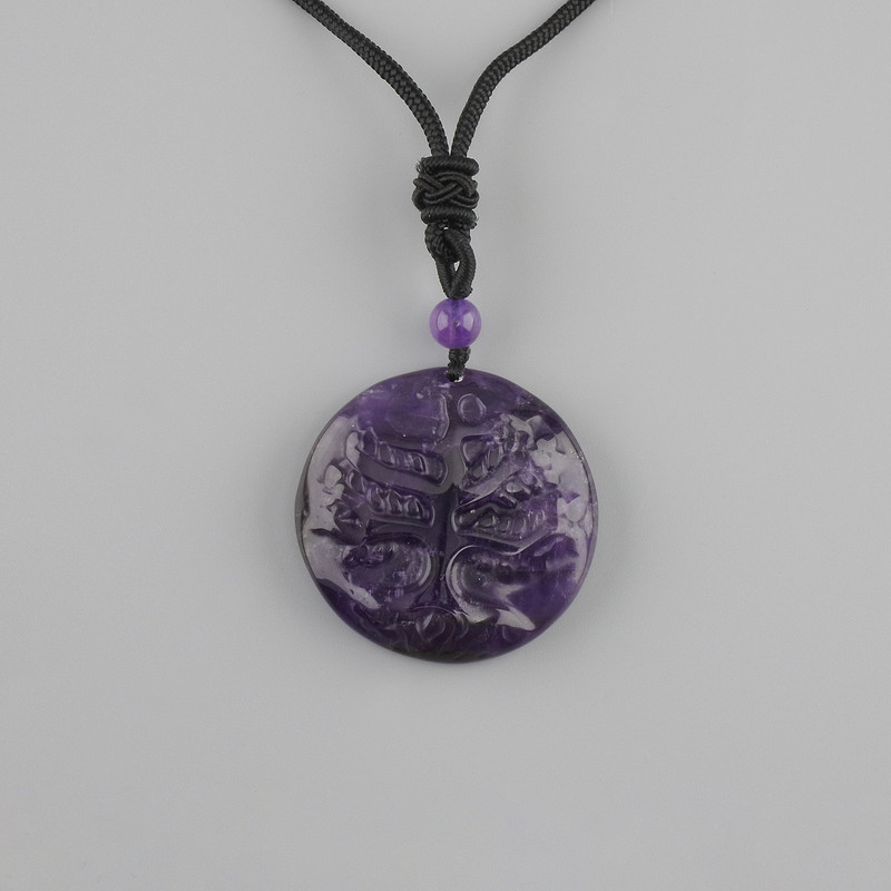 Pendant Tree of Life Amethyst, diameter 36mm± on black cord with drawstring, length 78cm+
