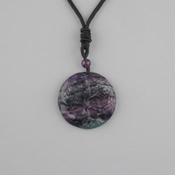Pendant: Tree of Life Fluorite, 36mm diameter ± on black cord, adjustable length 78cm+