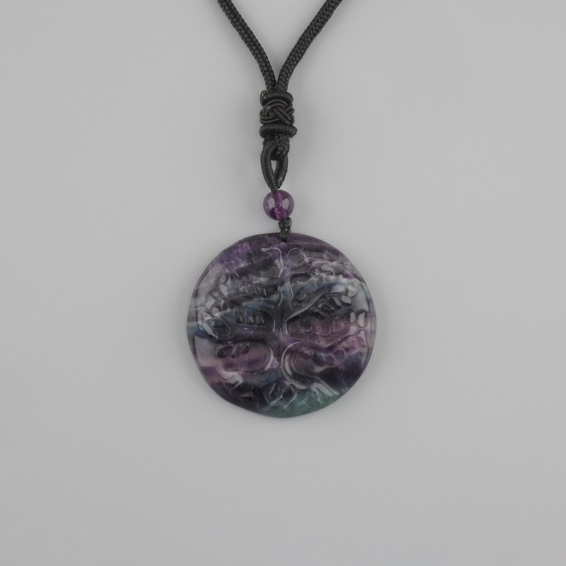 Pendant: Tree of Life Fluorite, 36mm diameter ± on black cord, adjustable length 78cm+