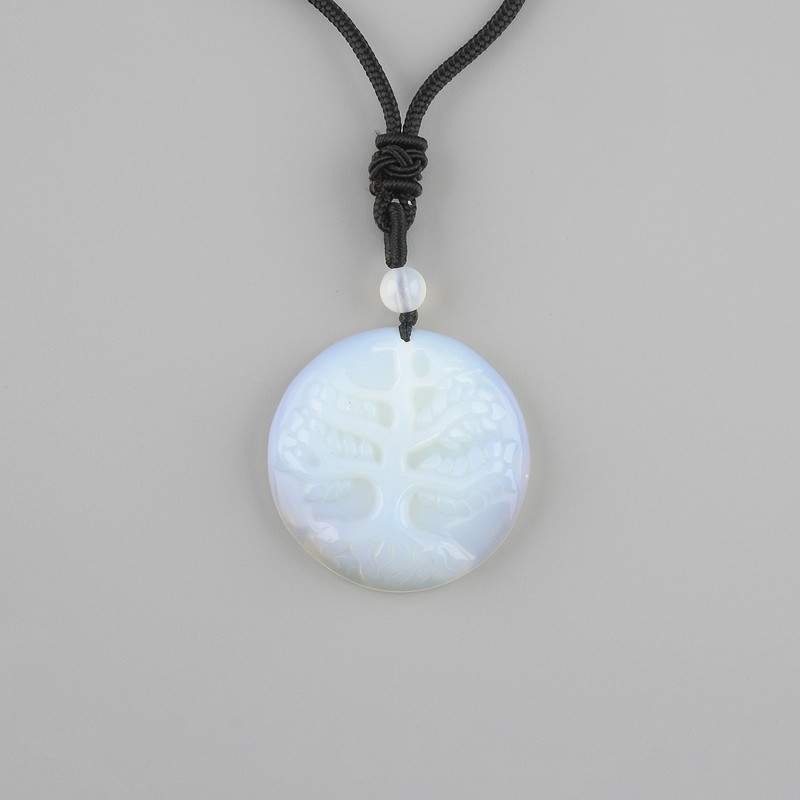 Pendant Tree of Life Moonstone Opalite, diameter 36mm±, on black cord with drawstring, length 78cm+