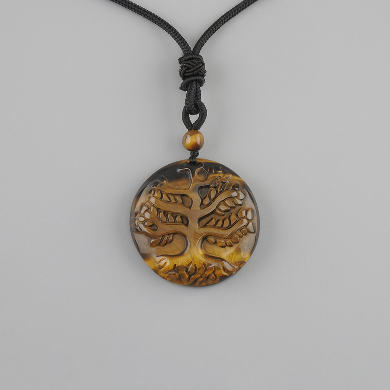Pendant Tree of Life Tiger's Eye, diameter 36mm± on black cord with drawstring, length 78cm+