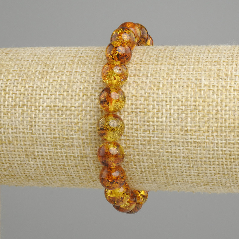 Bracelet Amber natural bead smooth sphere, diameter 9mm±, length 18cm stretch