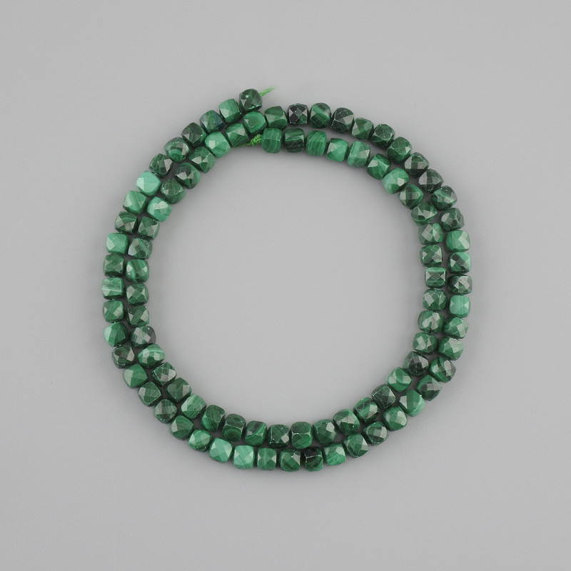 Malachite Beads Faceted Cube 4mm on Thread, 39cm long