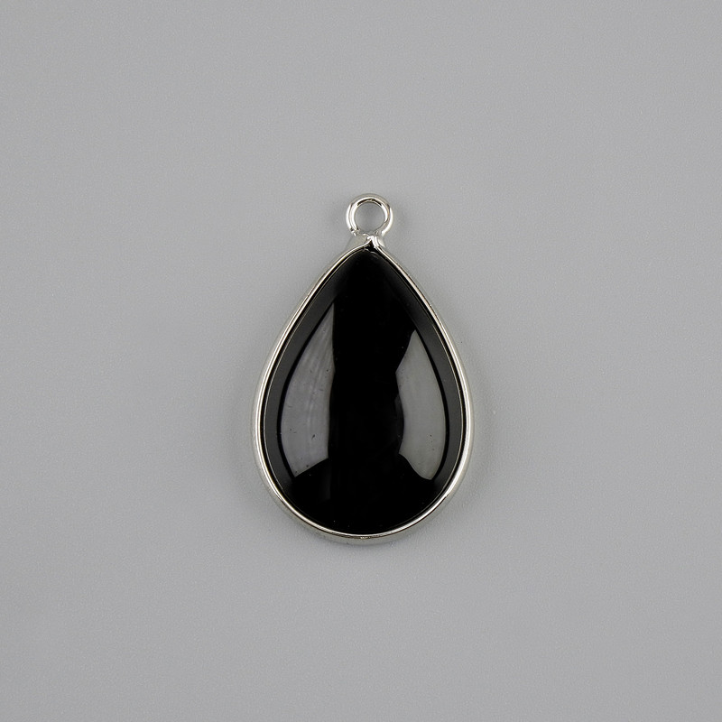 Pendant, Black Agate in Silver-toned Setting ~ 33×17mm