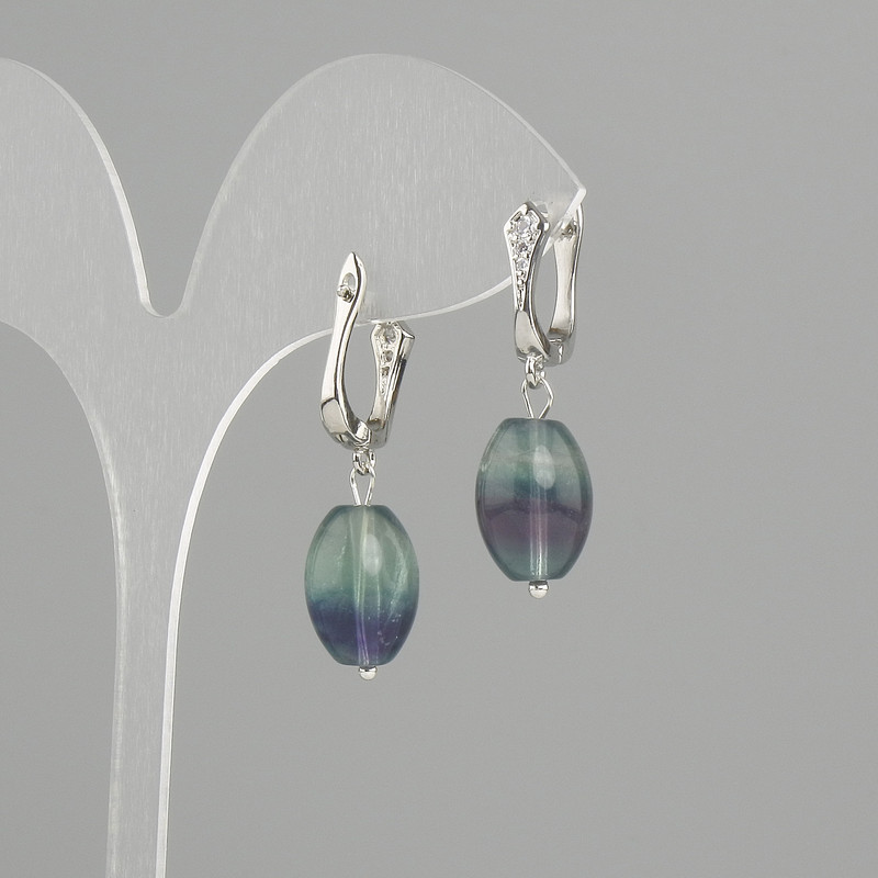 Fluorite Barrel Earrings, 14×10mm Barrel Diameter ±, Length 33mm ±