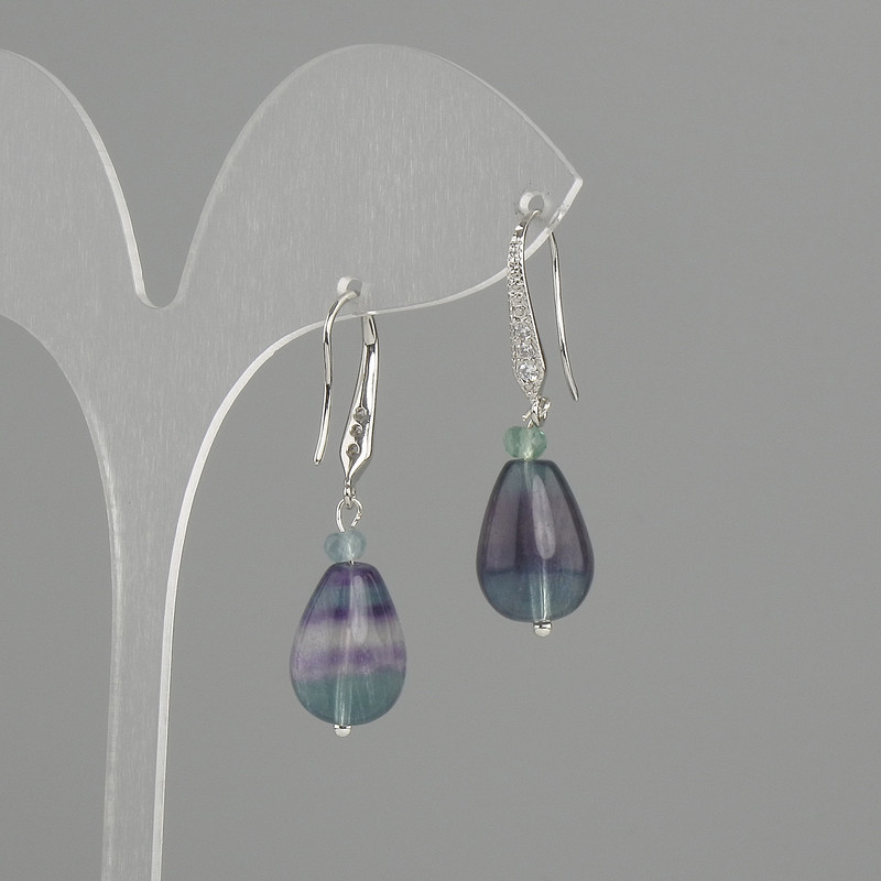 Earrings Fluorite Drop, diameter 14x10mm±, length 37mm±