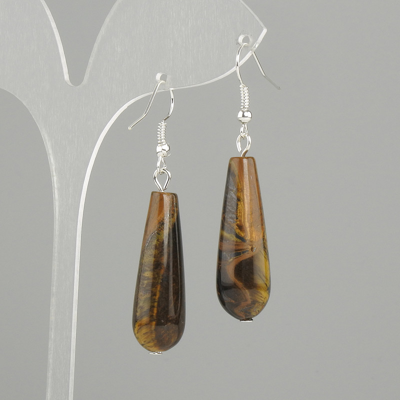 Earrings Tiger's Eye Drop, diameter 32×10mm+-, length 52mm+-