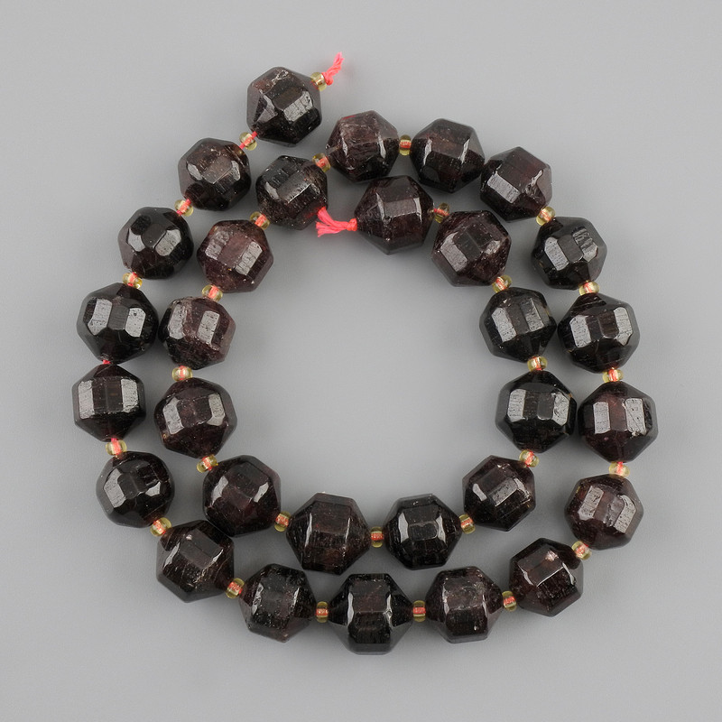 Garnet Beads, Multifaceted, diameter 12×11-11, 5mm+-, 3mm+- seed beads, 40cm+ length on thread