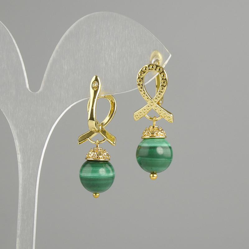 Malachite Bead Earrings 10mm Smooth Sphere, 30mm Length