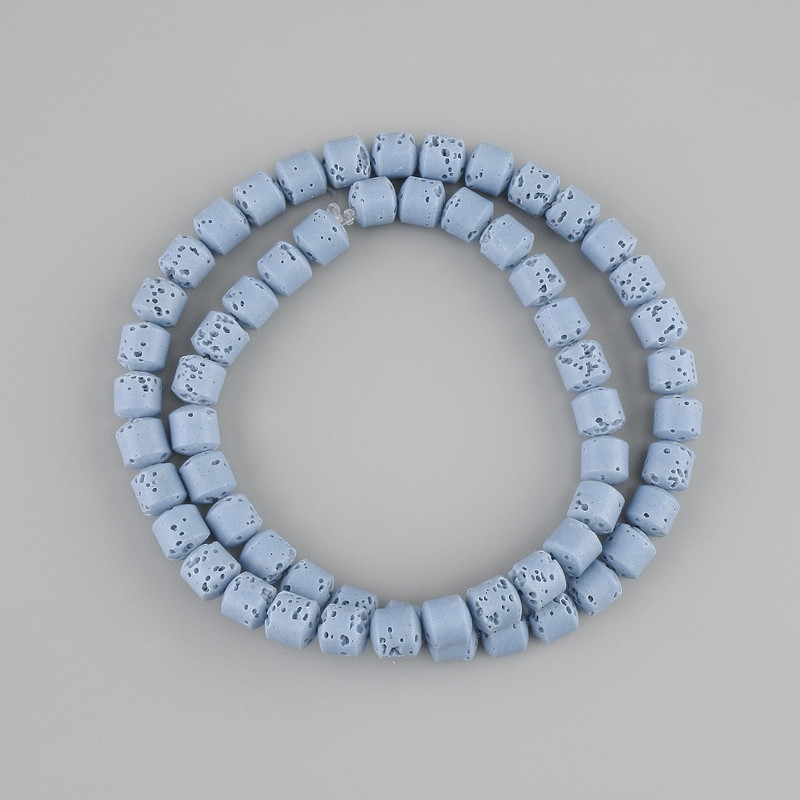 Blue volcanic lava cylinder beads, 6x6mm diameter, on cord, length 37cm+
