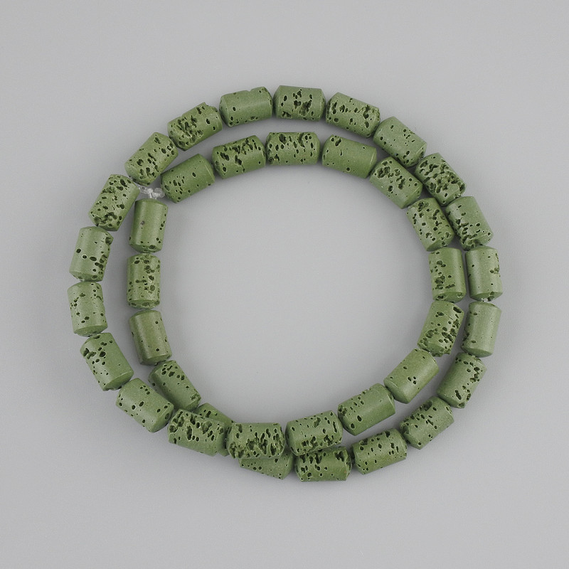 Green Lava Beads Cylindrical 10×6mm on thread, length 38cm+