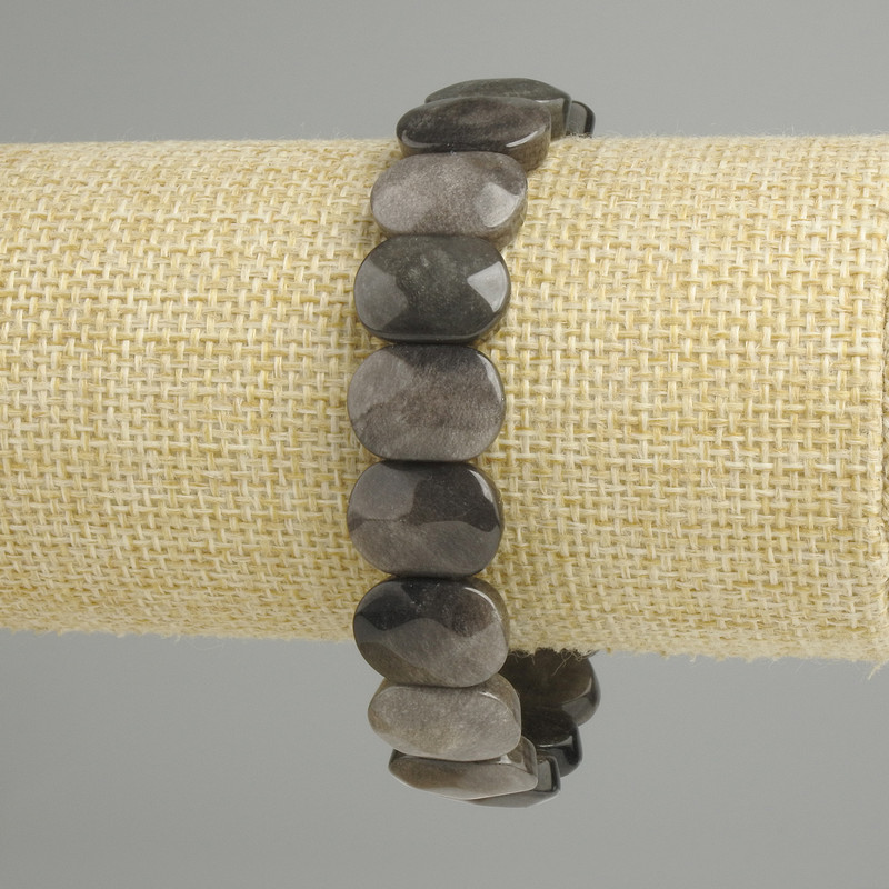Bracelet, Silver Obsidian, rounded faceted links, diameter 15x10, 5-11mm±, length 18cm±, stretch