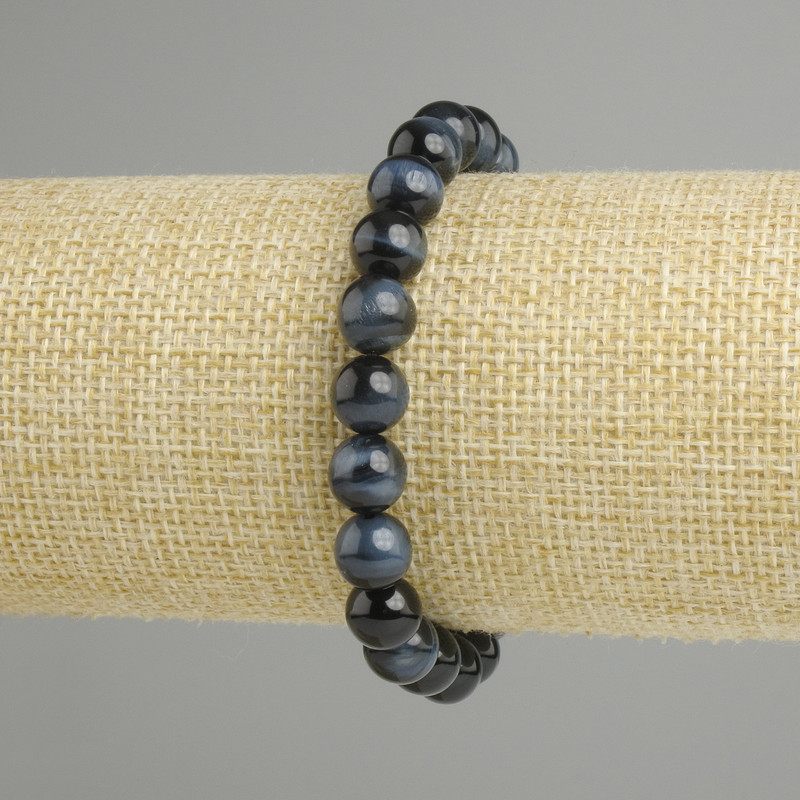 Bracelet made of natural hawk's eye stone, smooth bead, 8mm diameter±, length 18cm±, stretch