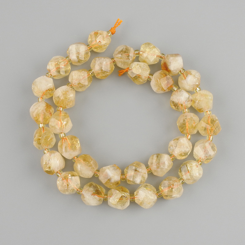 Faceted Citrine Beads Diamond-shaped, 10x9-10mm+, 3mm+ seed beads, 37cm+ length