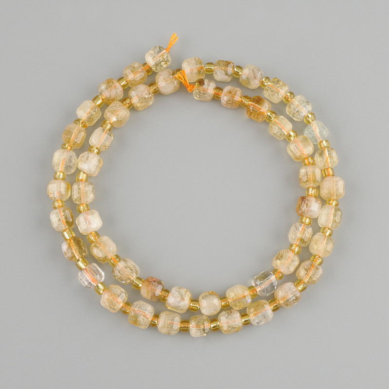 Citron Beads, Faceted Cube, 5×5mm, 3mm+ seed beads, 37cm+ length