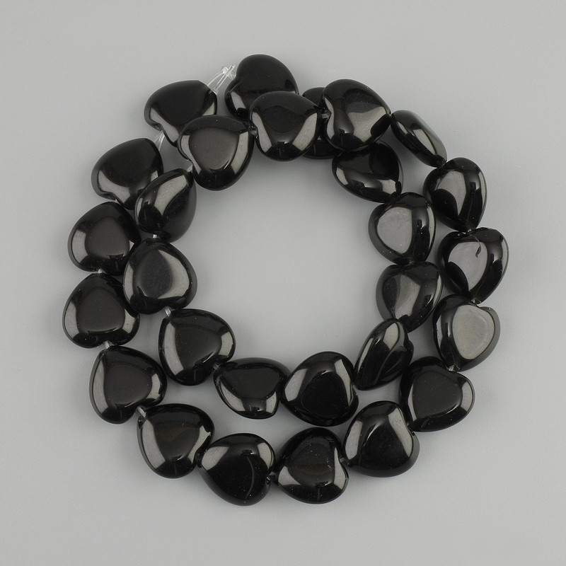 Black Agate Heart Beads, 14x14mm diameter, 37cm length on thread
