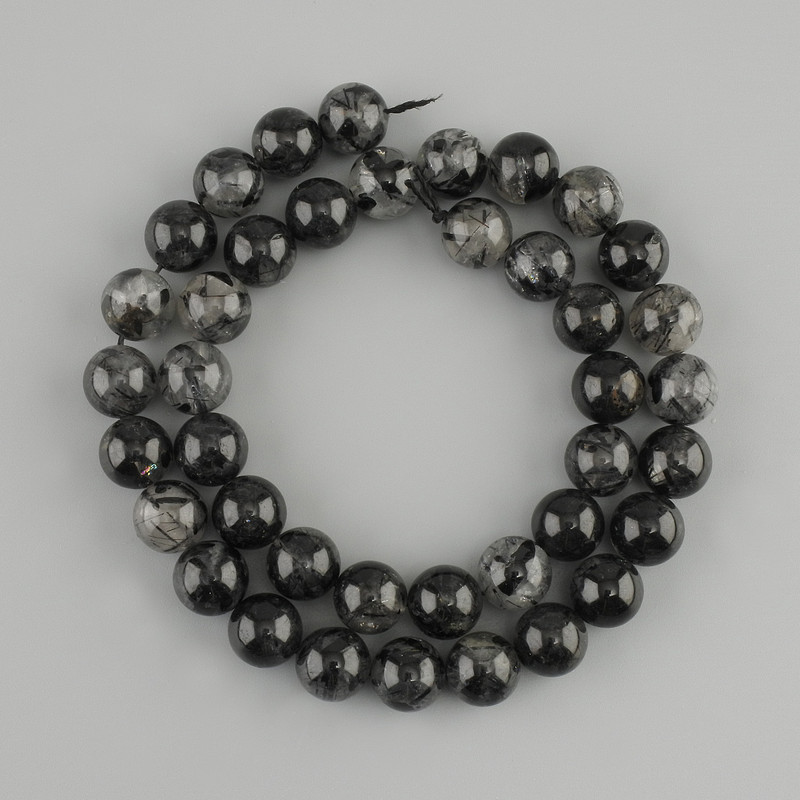 Rutilated Quartz with Tourmaline Sheela - Smooth Beads, 9.5-10 mm, 38 cm length on thread