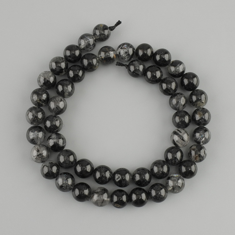 Rutilated Quartz Beads with Tourmaline Sheen Smooth Sphere 8mm dia., 38cm length on thread