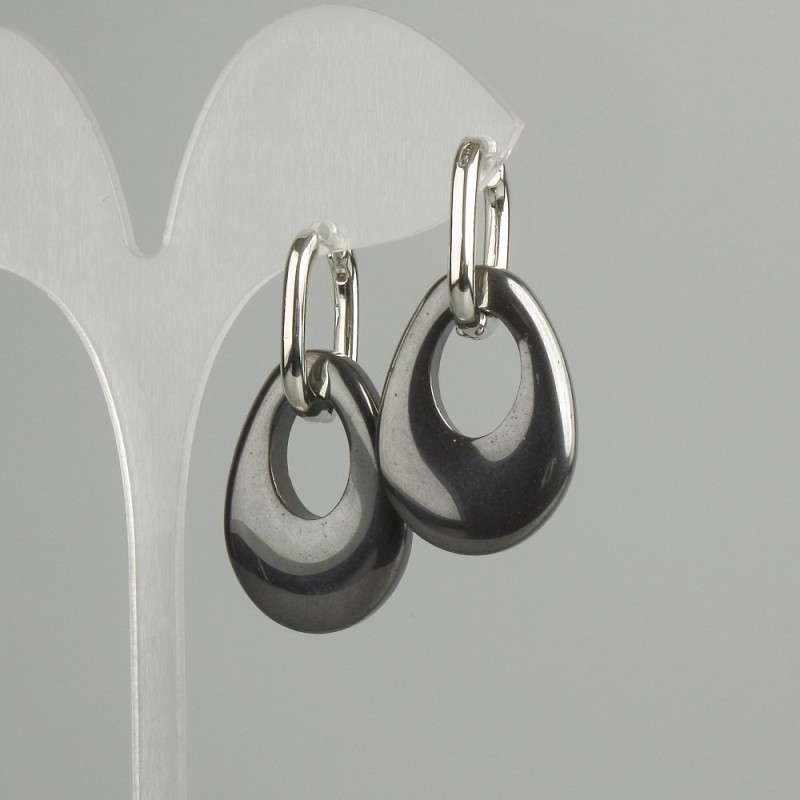 Earrings 'Bagel' 35mm+ length, teardrop Hematite, diameter 27x19mm+-, length 40mm+-