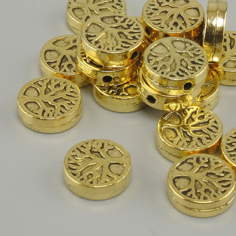 Bead Insert Pendant with Tree of Life Motif, Yellow Gold Colour, 9mm Ø ± hole 1.4mm ±, packaged 20 g (~18 pcs)