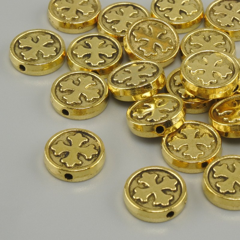 Bead insert with Cross, metal colour Yellow Gold, diameter 9mm±, hole diameter 1.4mm±, packaging 20g (~23 pcs)