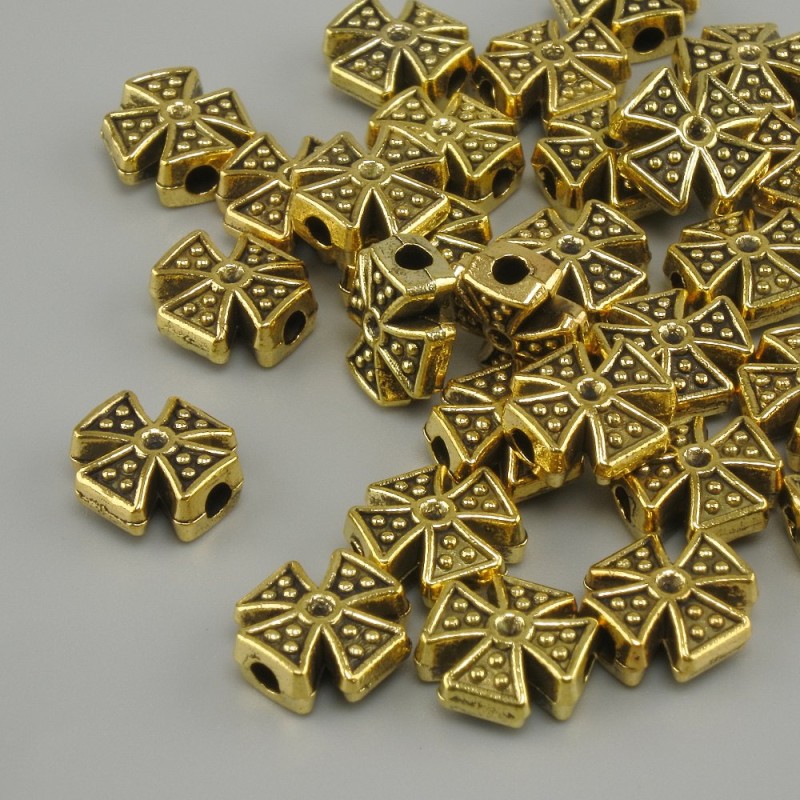 Bead insert in the shape of a cross, metallic colour yellow gold, diameter 8x8mm±, hole 2mm±, packaged 20 g (~31 pcs)