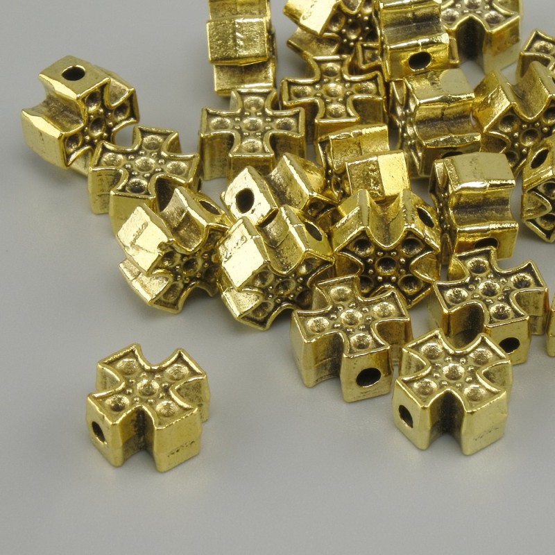 Pendant Bead Inlay Cross Colour Metal Yellow Gold, diameter 8x8mm± hole diameter 2mm± pack 20g (~25 pieces)