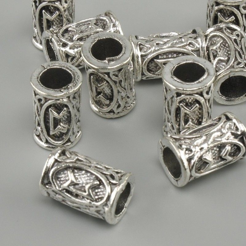 Bead Finding Scandinavian Rune Bead, diameter 13×9 mm ±, hole 6 mm, silver-colour metal finish, 10 pcs