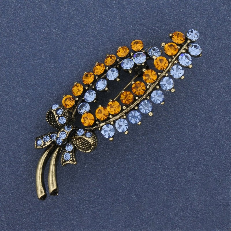 Brooch Branch Yellow and Blue Crystals Silver-tone Metal 64×23mm +