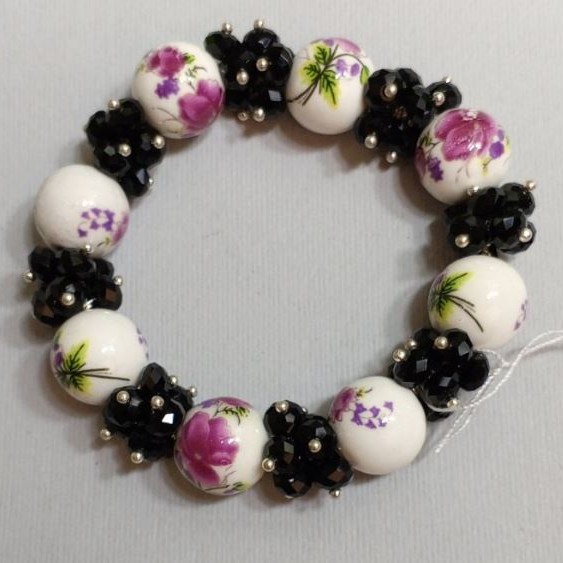 Bracelet Czech Glass and Agate Pressed, 18cm+ Stretch