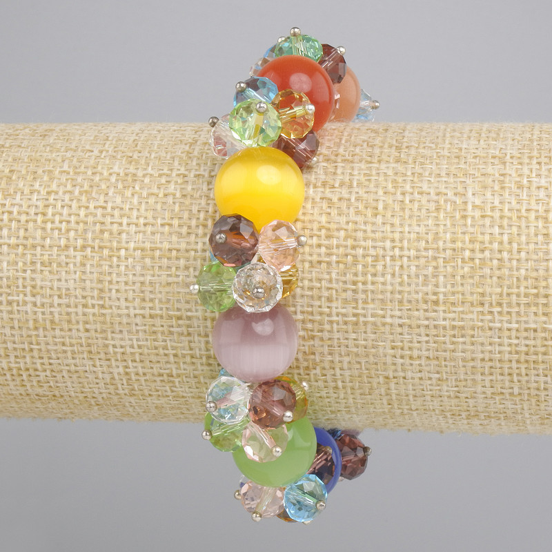 Bracelet Cat's Eye Beads round 14 mm, Czech crystal faceted rondelle 8x6 mm, elastic 18 cm