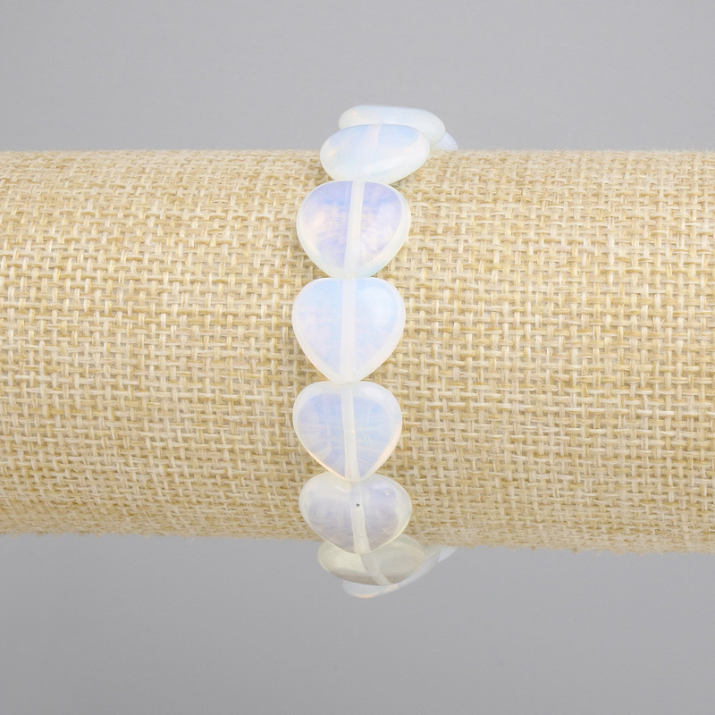 Moonstone Opalite Heart Bracelet, 14 mm diameter heart beads, 18 cm length stretch