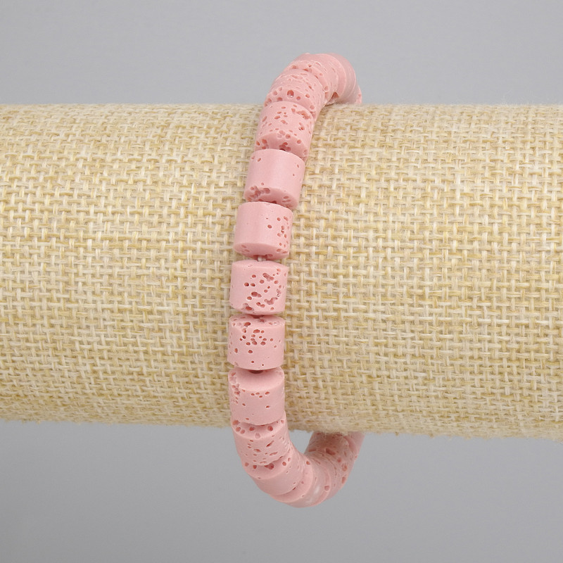 Bracelet Pink Volcano Lava Cylinder Beads, 8x8 mm, stretchy 18 cm