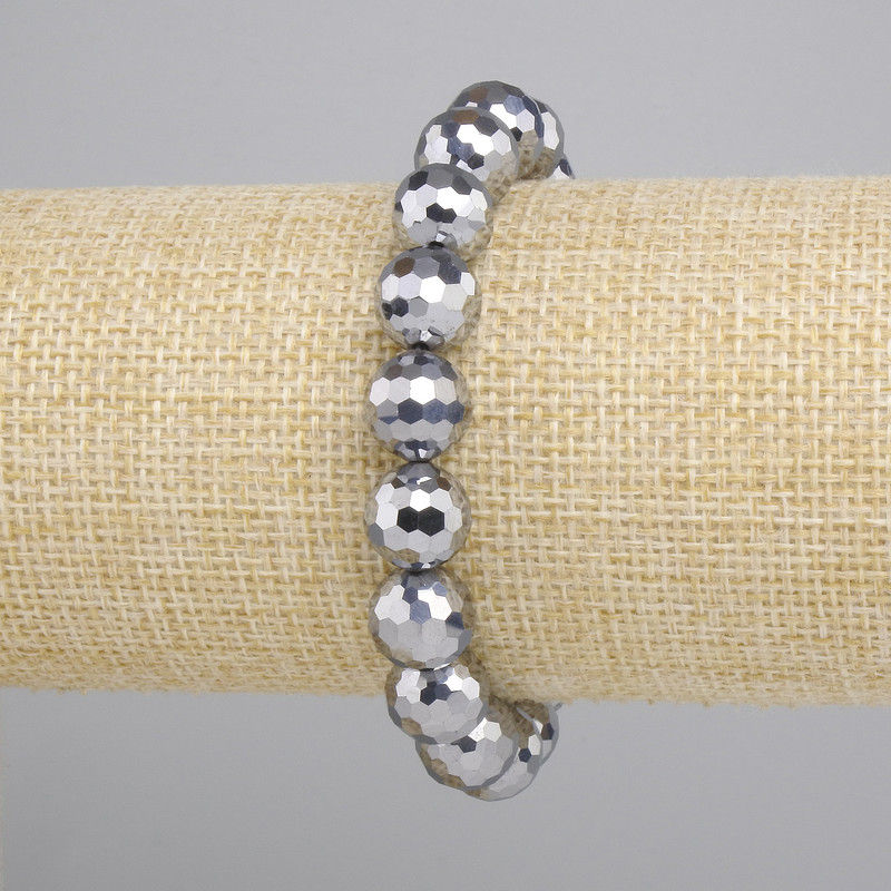 Terahertz Bead Bracelet, Faceted Round Beads 10 mm, Stretch Length 18 cm