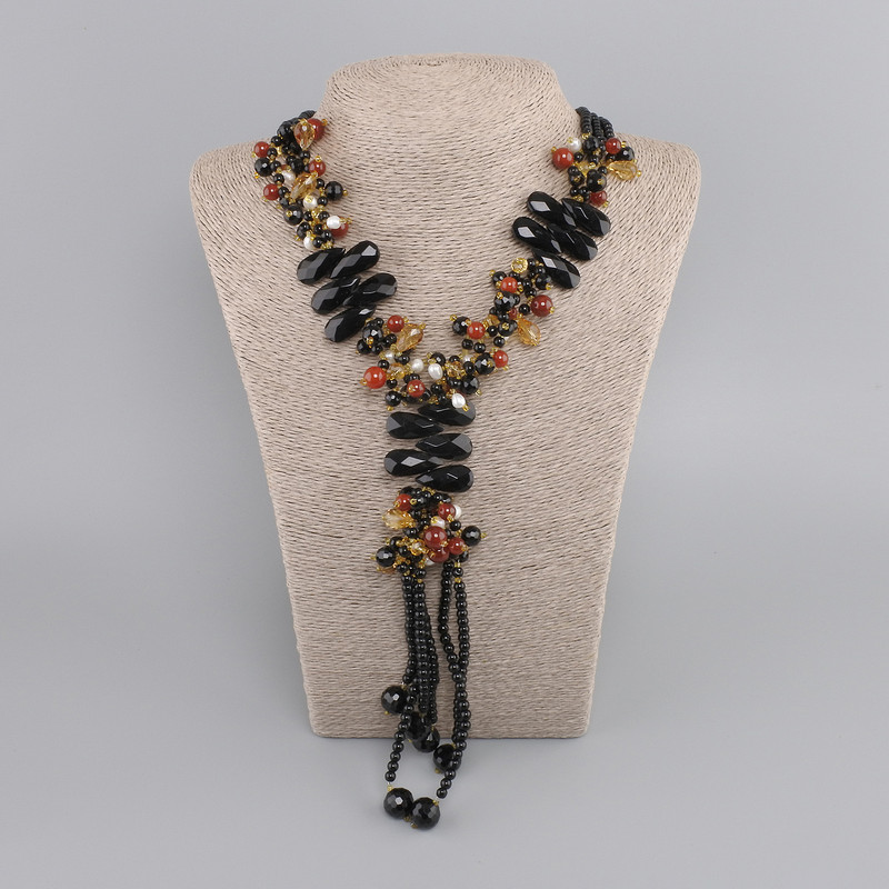 Three-row bead necklace with assorted stones, length 55 cm+
