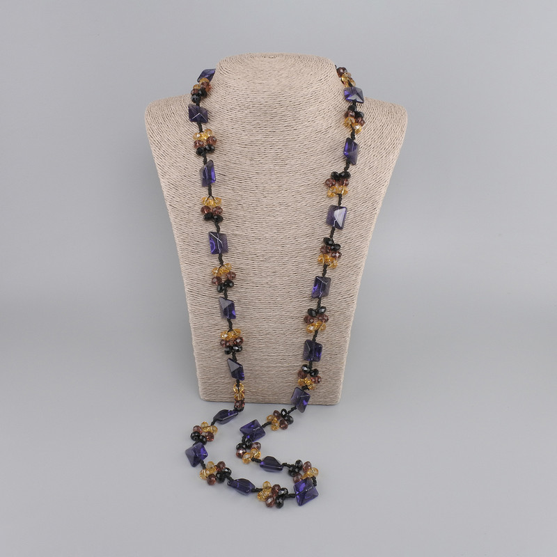 Long Necklace of Tinted Quartz with Faceted Diamond-Shaped Beads and Bohemia Crystal Rondelles 104cm+