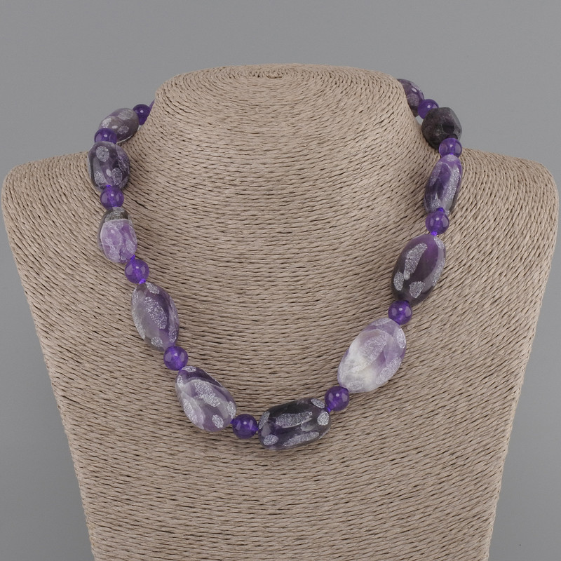 Amethyst Faceted Bead Necklace 17-26×12-18mm+- smooth rounds 8mm+-, length 45cm+- with clasp