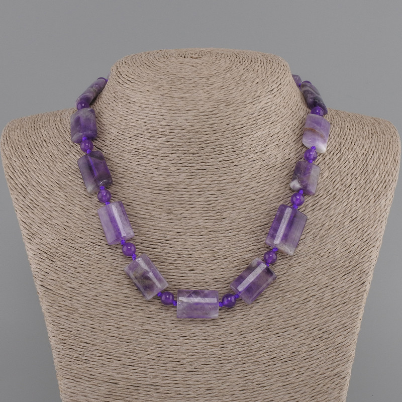 Amethyst Necklace Rectangular Beads 19-21×13-15mm+/- Smooth Round 6mm+-, Length 45cm+/- with Clasp